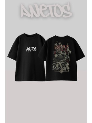 Anetos Opeth 10 Tasarım Sırt Baskılı Pamuk Siyah Oversize T-Shirt