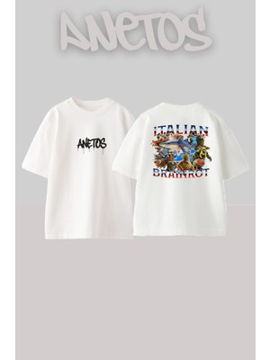 Anetos Itallan Braınrot Tasarım Sırt Baskılı Pamuk Beyaz Oversize T-Shirt