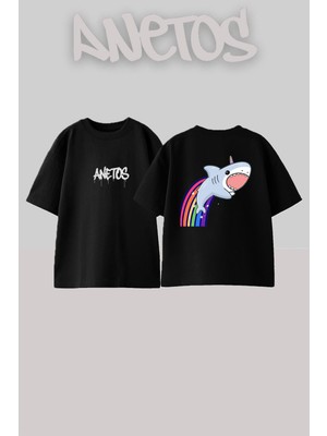 Anetos Gokkuşagı Kopekbalıgı Tasarım Sırt Baskılı Pamuk Siyah Oversize T-Shirt