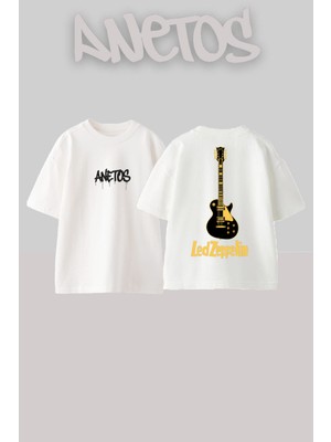Anetos LED Zeppelin 3 Tasarım Sırt Baskılı Pamuk Beyaz Oversize T-Shirt