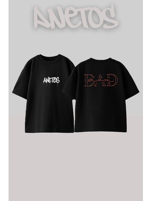 Anetos Dad 1 Tasarım Sırt Baskılı Pamuk Siyah Oversize T-Shirt