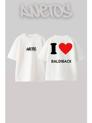 Anetos I Love Baldiback Tasarım Sırt Baskılı Pamuk Beyaz Oversize T-Shirt