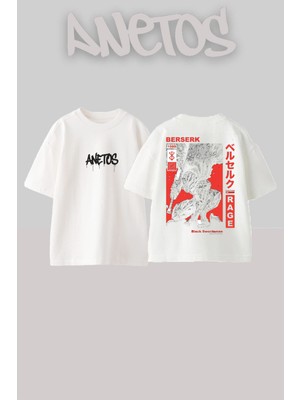 Anetos Berserk 10 Tasarım Sırt Baskılı Pamuk Beyaz Oversize T-Shirt