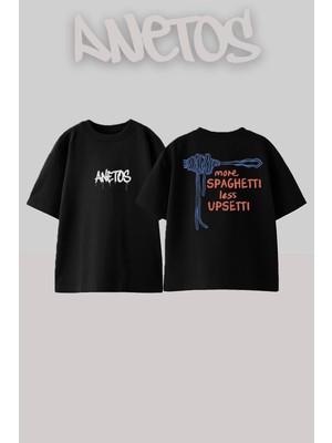 Anetos More Spaghetti Tasarım Sırt Baskılı Pamuk Siyah Oversize T-Shirt