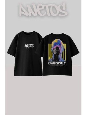 Anetos Humanity Tasarım Sırt Baskılı Pamuk Siyah Oversize T-Shirt