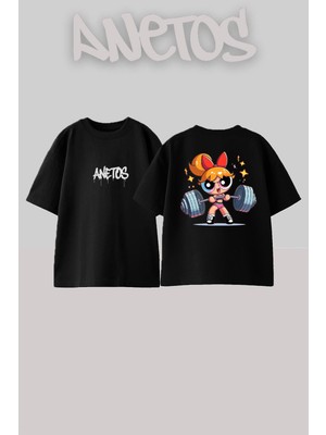 Anetos Power Gırl Gym Tasarım Sırt Baskılı Pamuk Siyah Oversize T-Shirt