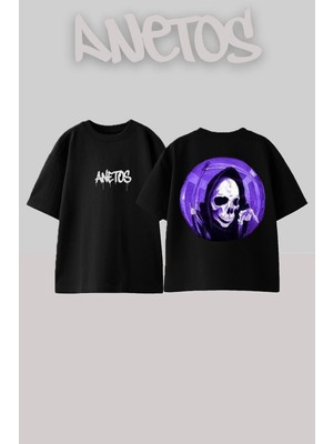 Anetos Azrail Tasarım Sırt Baskılı Pamuk Siyah Oversize T-Shirt