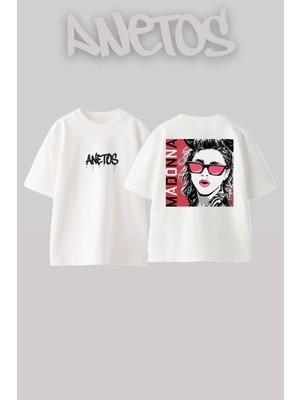Anetos Madonna Tasarım Sırt Baskılı Pamuk Beyaz Oversize T-Shirt