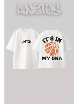 Anetos Basketbol Tasarım Sırt Baskılı Pamuk Beyaz Oversize T-Shirt