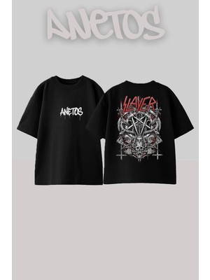 Anetos Slayer 8 Tasarım Sırt Baskılı Pamuk Siyah Oversize T-Shirt