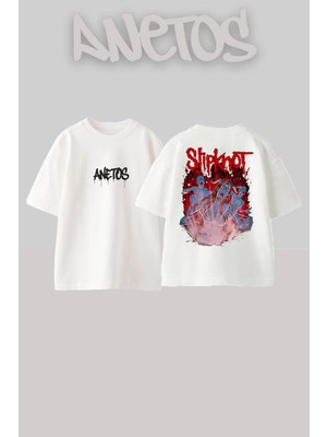 Anetos Slipknot 19 Tasarım Sırt Baskılı Pamuk Beyaz Oversize T-Shirt