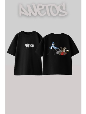 Anetos Mordekai Rigby Bahcıvan Tasarım Sırt Baskılı Pamuk Siyah Oversize T-Shirt