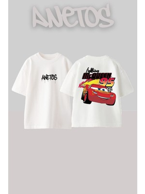 Anetos Mcqueen Tasarım Sırt Baskılı Pamuk Beyaz Oversize T-Shirt