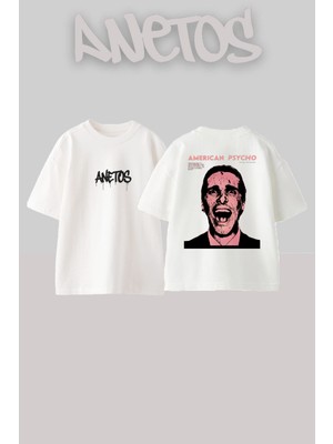 Anetos American Psycho Tasarım Sırt Baskılı Pamuk Beyaz Oversize T-Shirt