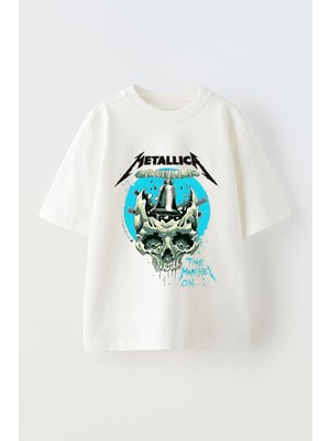 Anetos Metallica 2 Baskılı Ünisex Pamuk Beyaz Oversize T Shirt