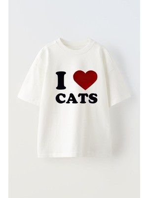 Anetos Meow Baskılı Ünisex Pamuk Beyaz Oversize T Shirt
