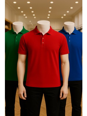 Loule Erkek Giyim %100 Pamuklu Yeşil & Kırmızı & Saks Mavi 3 Adet Polo Yaka Tişört LL.DINC3LU.001