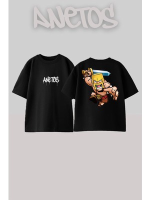 Anetos The World Of Clash Tasarım Sırt Baskılı Pamuk Siyah Oversize T-Shirt