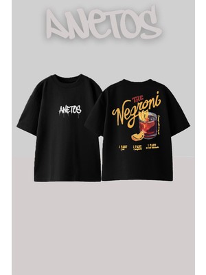 Anetos The Negroni Tasarım Sırt Baskılı Pamuk Siyah Oversize T-Shirt