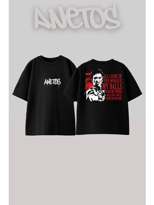 Anetos Scarface 15 Tasarım Sırt Baskılı Pamuk Siyah Oversize T-Shirt