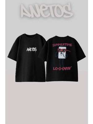 Anetos Regular Show Mordeca Tasarım Sırt Baskılı Pamuk Siyah Oversize T-Shirt