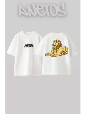 Anetos Fıravun Tasarım Sırt Baskılı Pamuk Beyaz Oversize T-Shirt