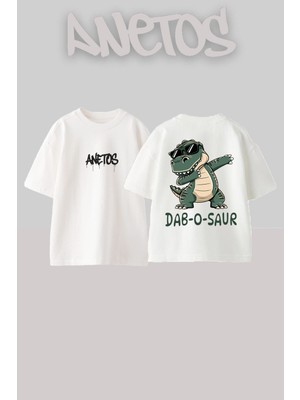 Anetos Dab O Saur Tasarım Sırt Baskılı Pamuk Beyaz Oversize T-Shirt