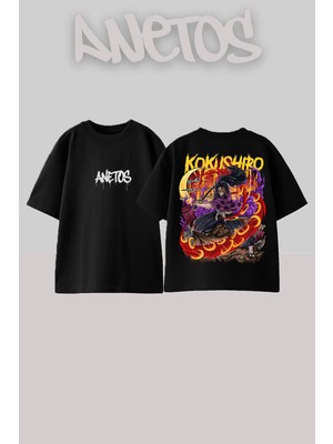 Anetos Demon Slayer 10 Tasarım Sırt Baskılı Pamuk Siyah Oversize T-Shirt