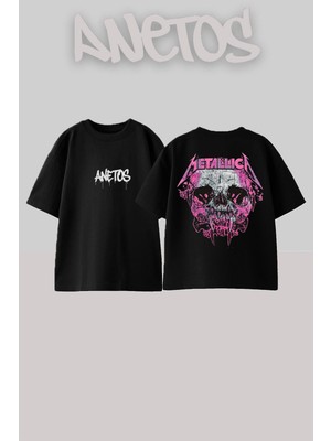 Anetos Metallica 10 Tasarım Sırt Baskılı Pamuk Siyah Oversize T-Shirt