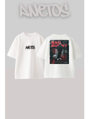 Anetos Bad Bunny 15 Tasarım Sırt Baskılı Pamuk Beyaz Oversize T-Shirt