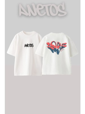 Anetos Lose Tasarım Sırt Baskılı Pamuk Beyaz Oversize T-Shirt