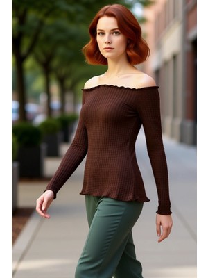 PayBuy Kadın Carmen Yaka Dokulu Uzun Kollu Asimetrik Kesim Örme Kaliteli Şık Rahat Modern Zarif