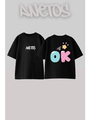Anetos Ok 1 Tasarım Sırt Baskılı Pamuk Siyah Oversize T-Shirt