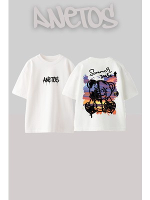 Anetos Summer Bear Tasarım Sırt Baskılı Pamuk Beyaz Oversize T-Shirt