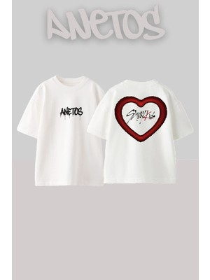 Anetos Stray Kıds Tasarım Sırt Baskılı Pamuk Beyaz Oversize T-Shirt