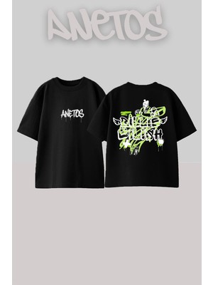 Anetos Billie Eilish 5 Tasarım Sırt Baskılı Pamuk Siyah Oversize T-Shirt