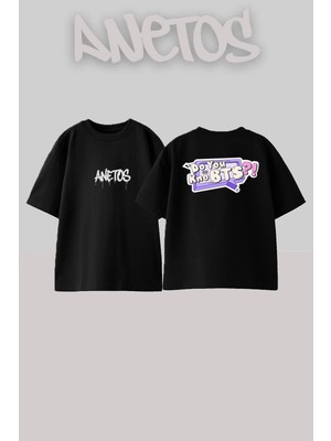 Anetos Bts 4 Tasarım Sırt Baskılı Pamuk Siyah Oversize T-Shirt