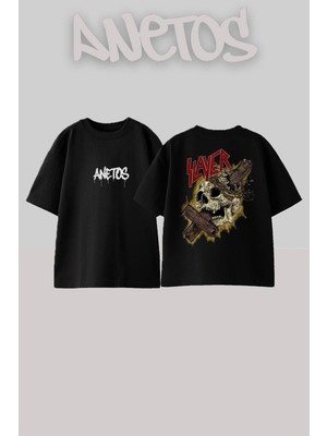 Anetos Slayer 15 Tasarım Sırt Baskılı Pamuk Siyah Oversize T-Shirt