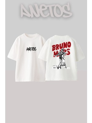Anetos Bruno Mars 4 Tasarım Sırt Baskılı Pamuk Beyaz Oversize T-Shirt