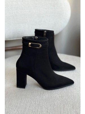 Moda Adam Kadın London Kalın Topuklu Tokalı Bot - Siyah Süet
