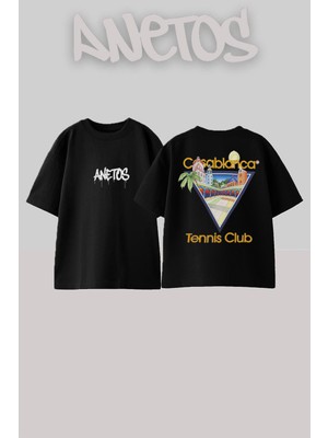 Anetos Casablanca Tennis Club Tasarım Sırt Baskılı Pamuk Siyah Oversize T-Shirt