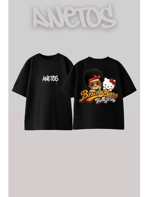 Anetos Bruno Mars Hello Kitty Tasarım Sırt Baskılı Pamuk Siyah Oversize T-Shirt