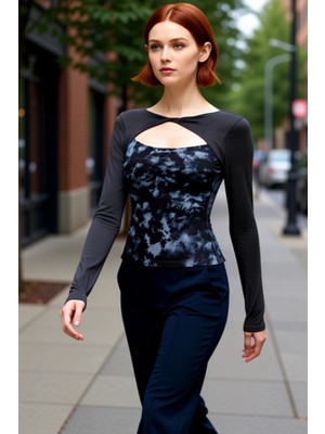 PayBuy Genç Kadın Soyut Desenli Çift Katmanlı Bisiklet Yaka Fitted Örme Kaliteli Şık Rahat