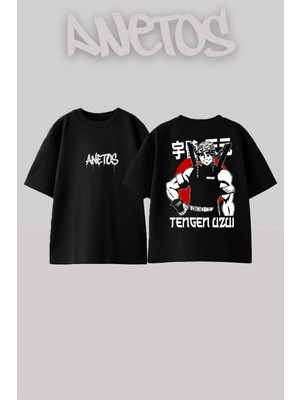 Anetos Demon Slayer 30 Tasarım Sırt Baskılı Pamuk Siyah Oversize T-Shirt