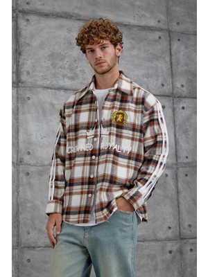 Kahverengi Şerit Detaylı Kareli Oversize Oduncu Gömlek