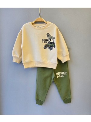 Alkın Kids 1-4 Yaş Erkek Çocuk Iki Ip Likralı Fırçalı Kumaş Dinozor Desenli Ikili Takım