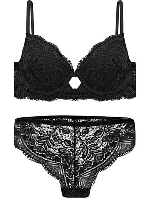Wonna Dantelli Dekolte Sütyen Külot Takım Push Up, 2451 Siyah