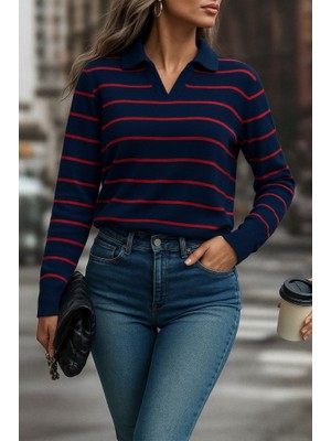 Gökyüzü Moda Kadın Uzun Kollu V Yaka Çizgili Triko Bluz