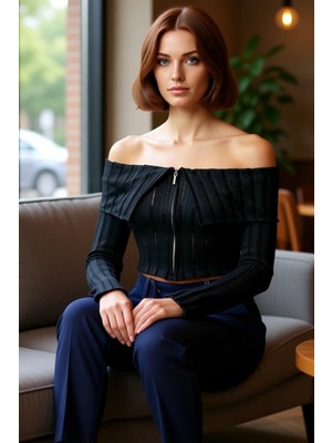 FRM Kadın Örme Carmen Yaka Fermuar Detaylı Crop Bluz Kaliteli Şık Rahat Modern Zarif Günlük