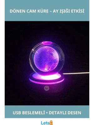Letsii Usb'li Dolunay Tasarımlı Dönen Cam Küre 8 cm